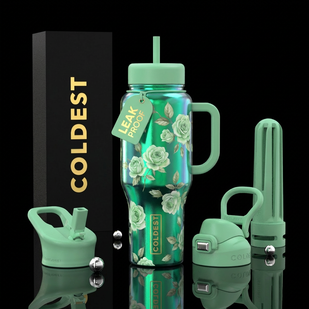 irridescent emerald background with pale green Ros... water bottle design