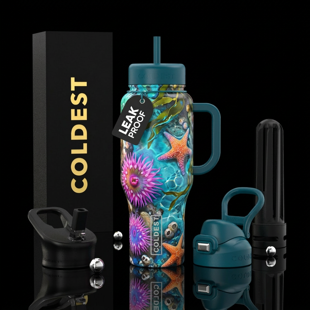 A beautiful, vibrant tide pool water bottle design