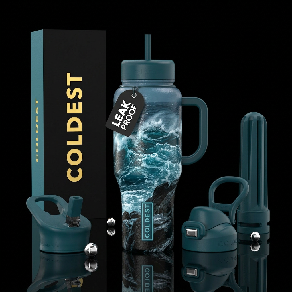moody, fierce ocean waves crashing against the roc... water bottle design