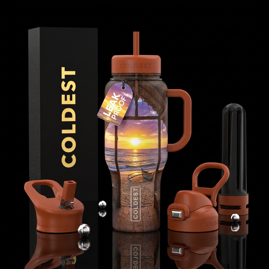 beautiful beach hut looking out to the sunset over... water bottle design