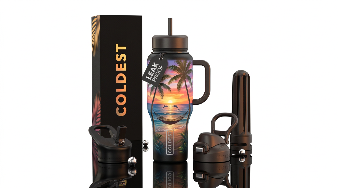 beautiful beach with a hammock between 2 palms tre... water bottle design