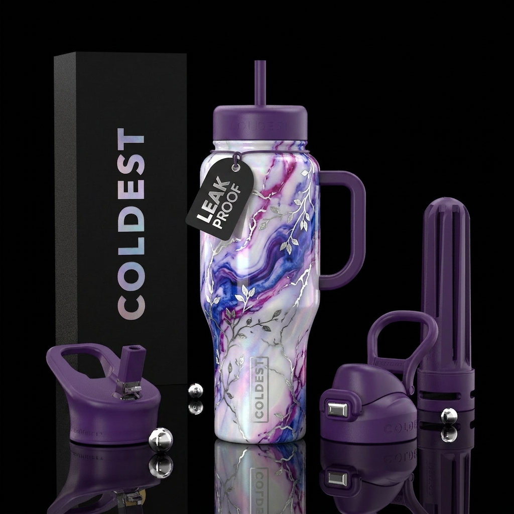 Purple, blue, pink, opalescent white, marble effec... water bottle design