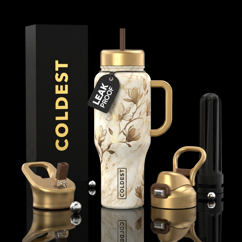cream marble background, gold, tan, brown, magnoli... water bottle design