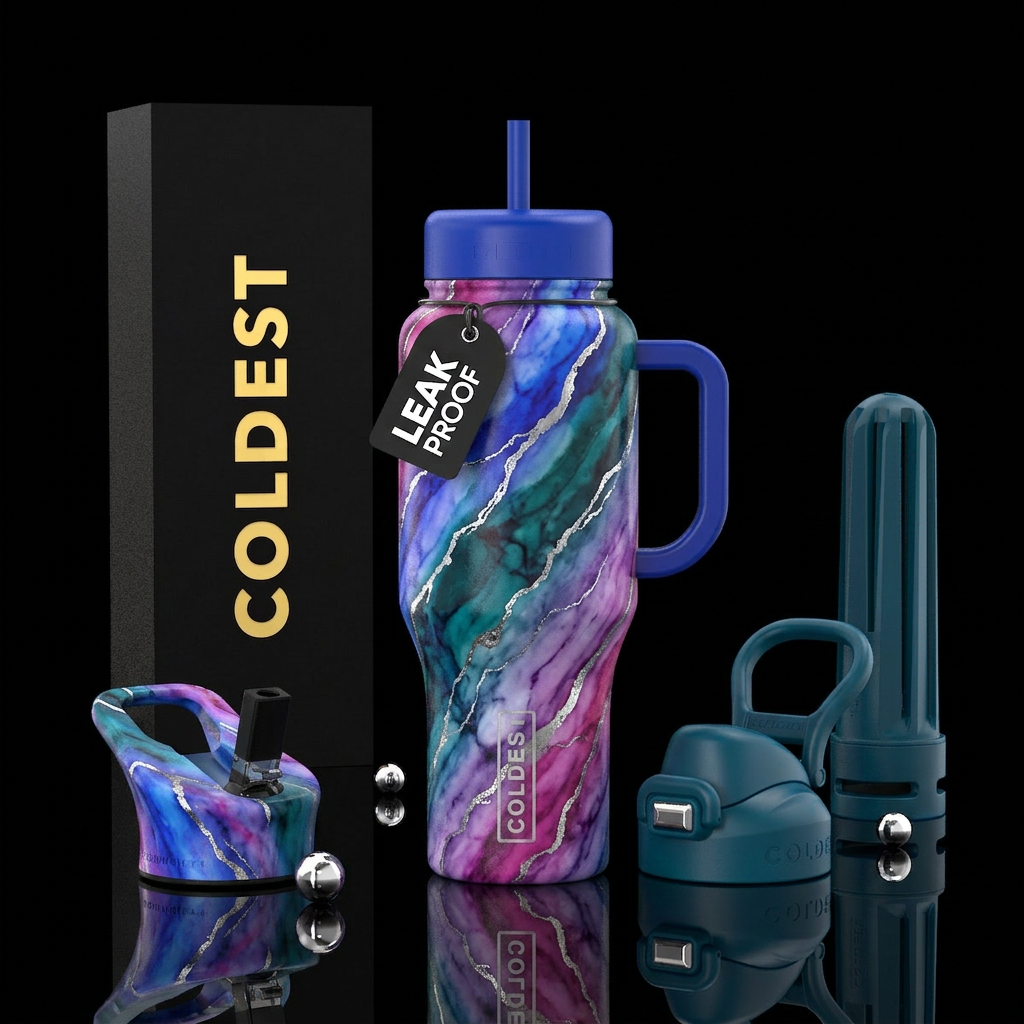 Diagonal bands of blended marble in random colors ... water bottle design