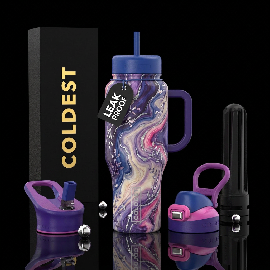 Beautiful luxurious marble effect in purple, blue,... water bottle design