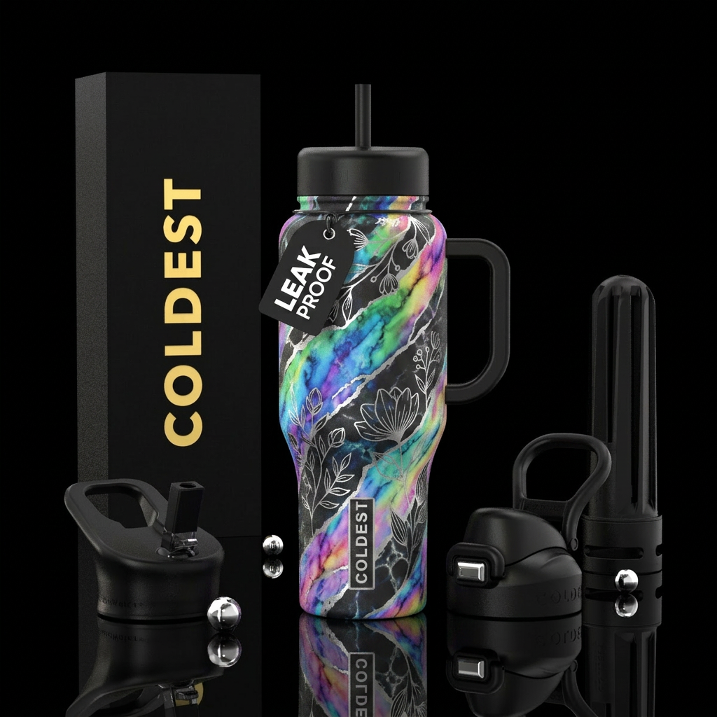 Diagonal bands of blended marble in random colors ... water bottle design