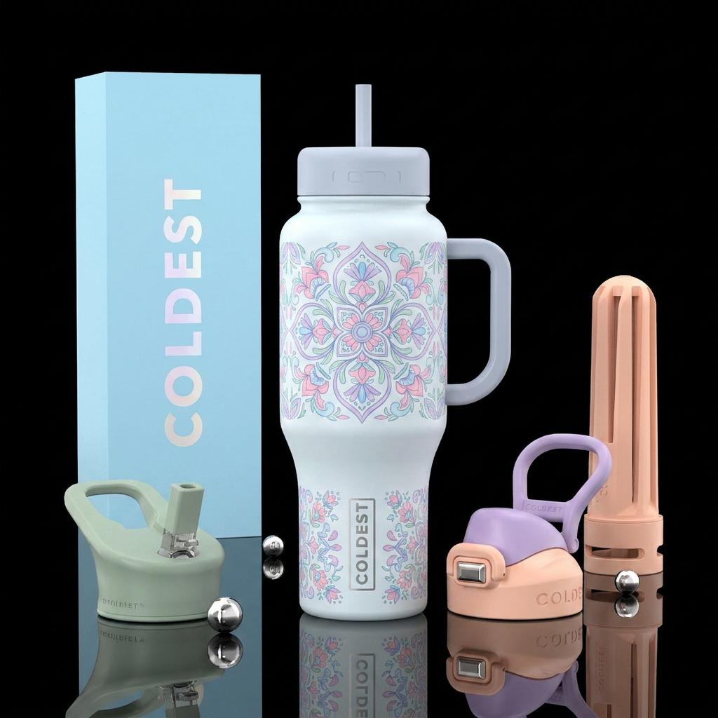 Symetrical European design in pastel colors on a p... water bottle design