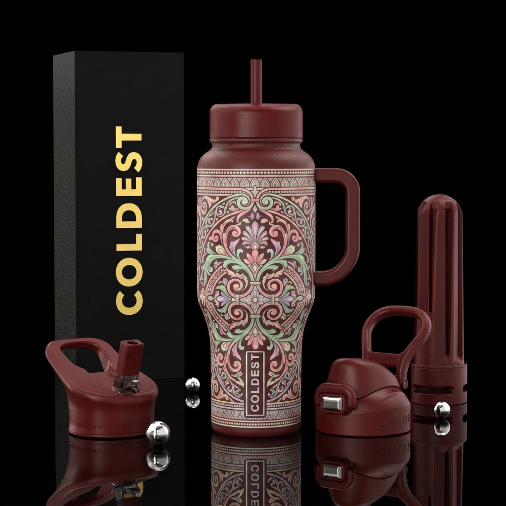 Symetrical European design in pastel colors on a m... water bottle design
