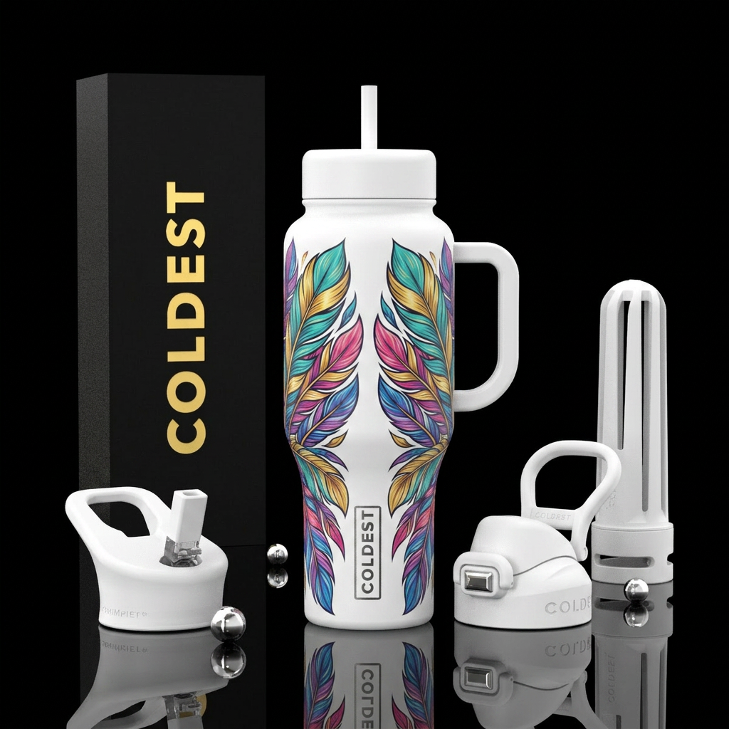 Symetrical feather design in bright bold colors on... water bottle design
