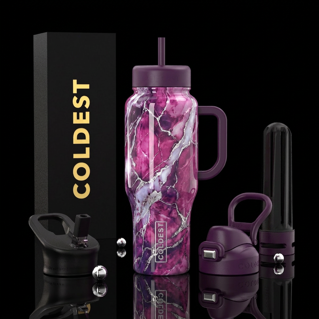 Fuschia and deep purple marble effect mixed with o... water bottle design