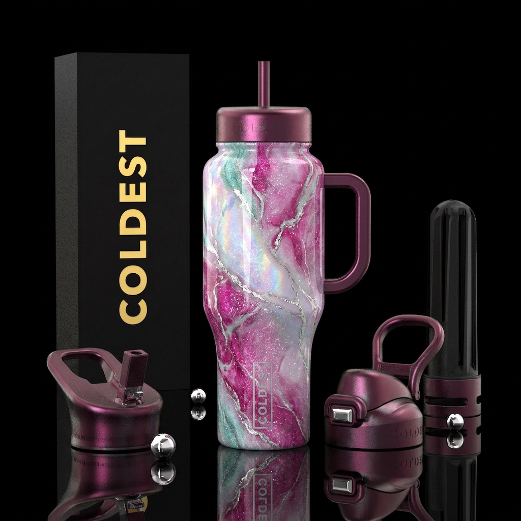 Fuschia and seafoam sparkly marble effect mixed wi... water bottle design