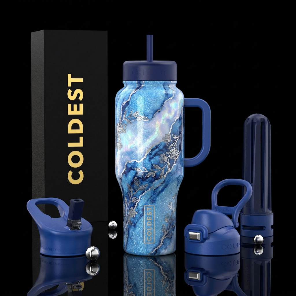 sparkly baby blue, sapphire and midnight blue marb... water bottle design