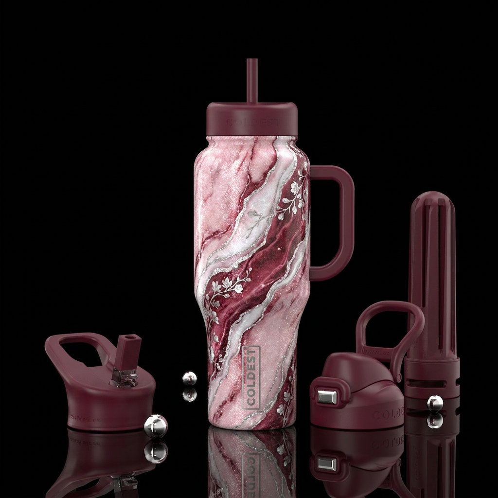 sparkly pale pink, ruby and burgundy marble effect... water bottle design