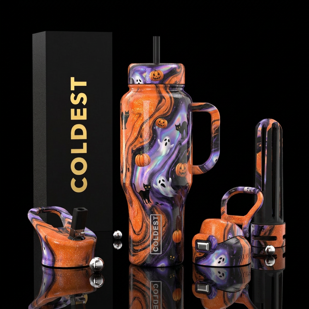 sparkly orange marble effect, opalescent black, sp... water bottle design