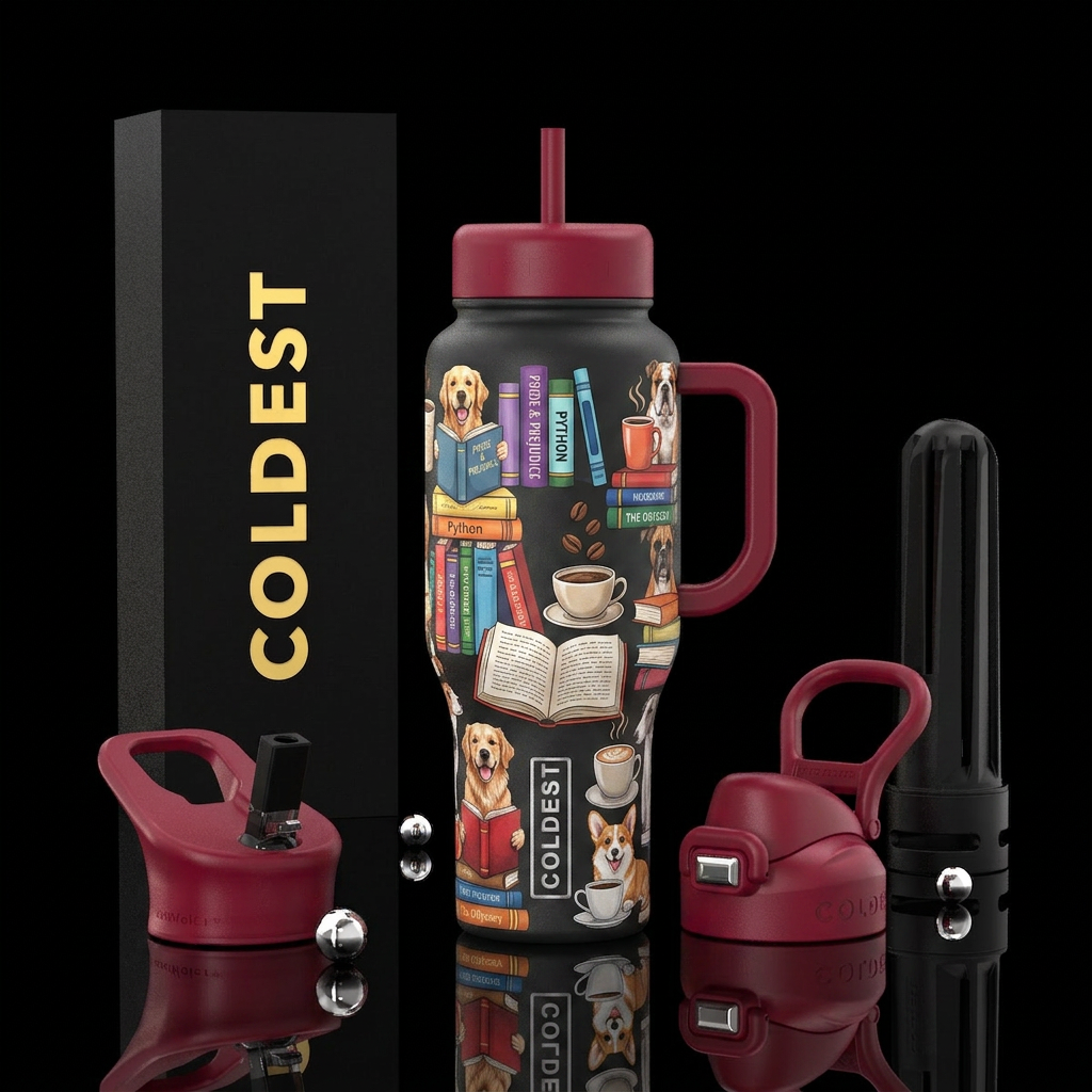 Matte color tumbler with stacks of books, open boo... water bottle design