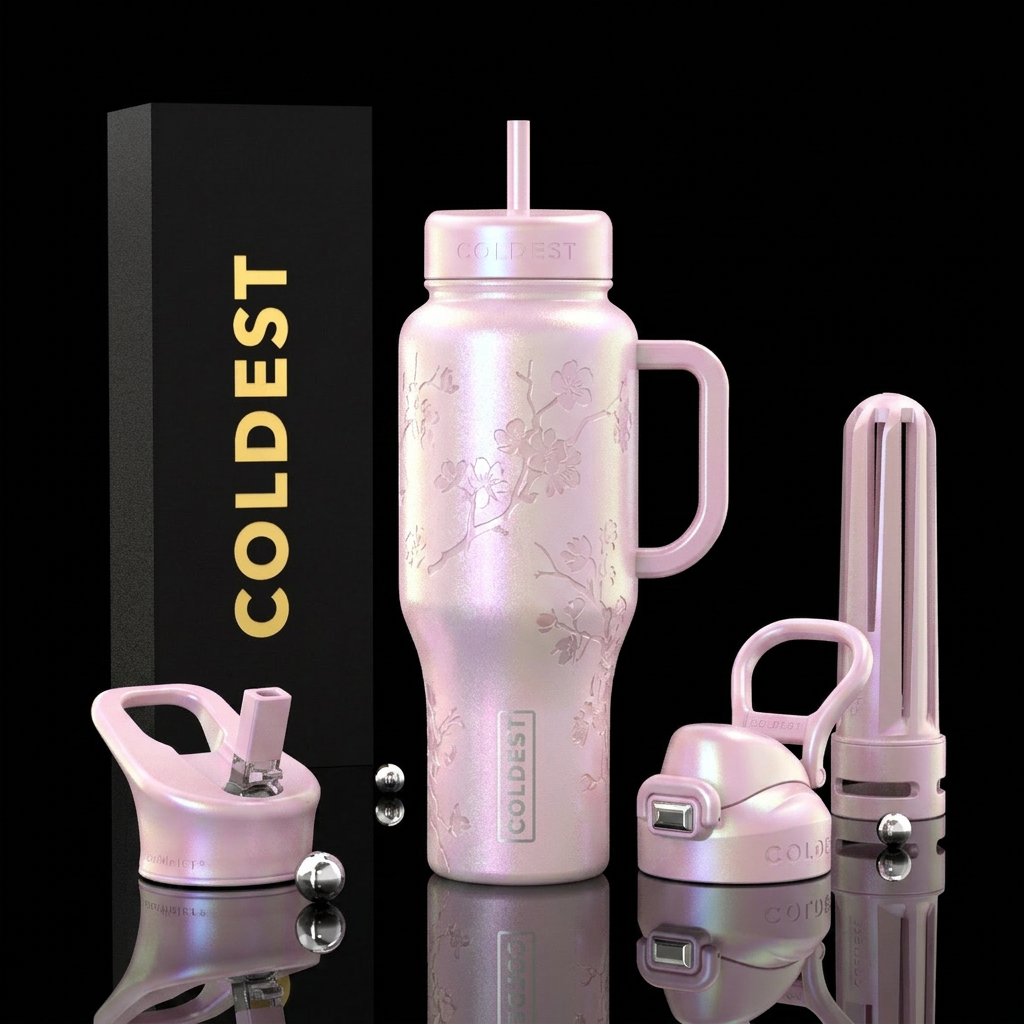Opalescent pale pink tumbler with translucent flow... water bottle design