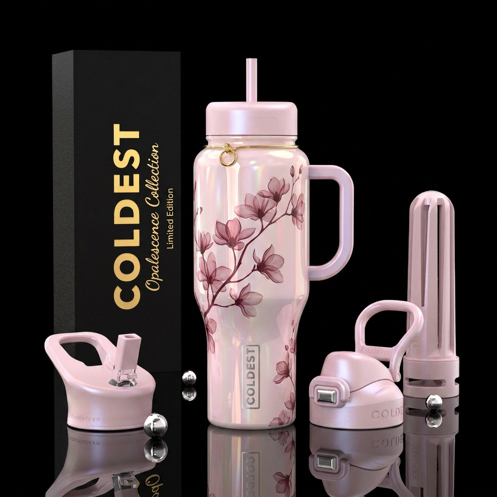 Opalescent pale pink tumbler with translucent maro... water bottle design