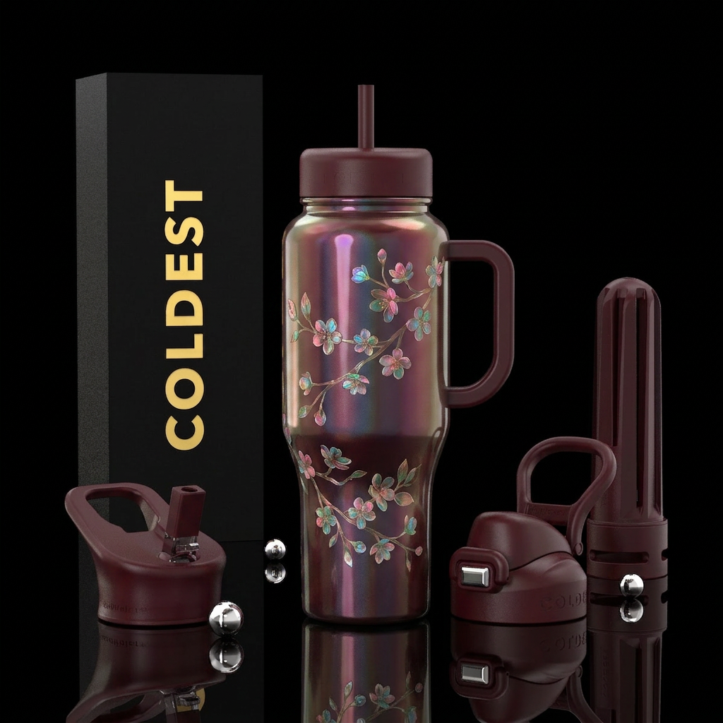 Opalescent oxblood tumbler with translucent flower... water bottle design