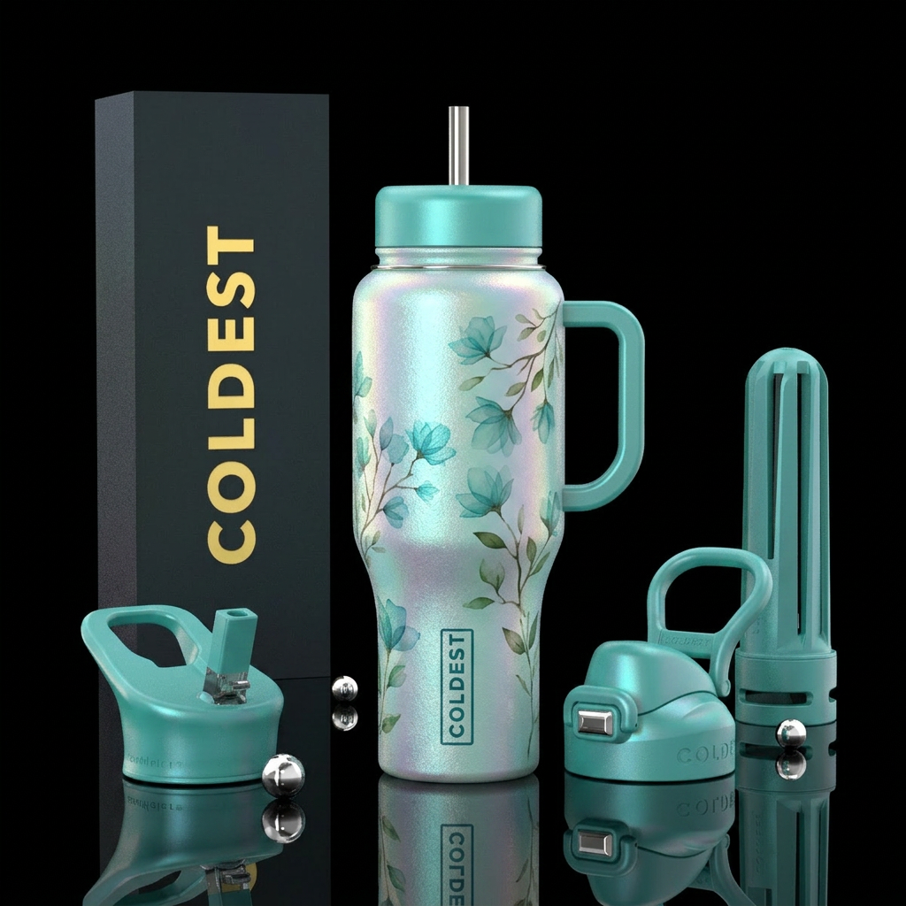 Opalescent teal tumbler with translucent flower br... water bottle design