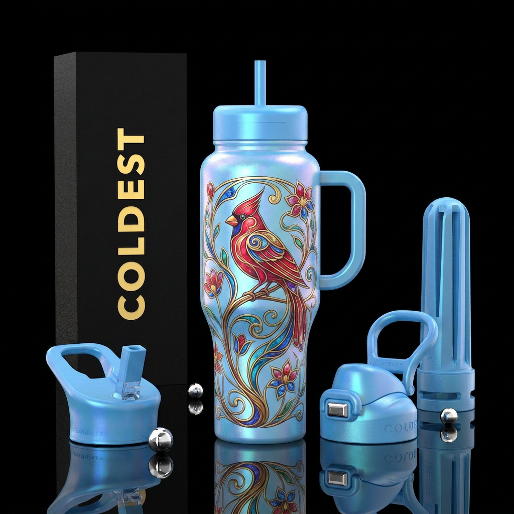 Opalescent ice blue tumbler with art nouveau cardi... water bottle design
