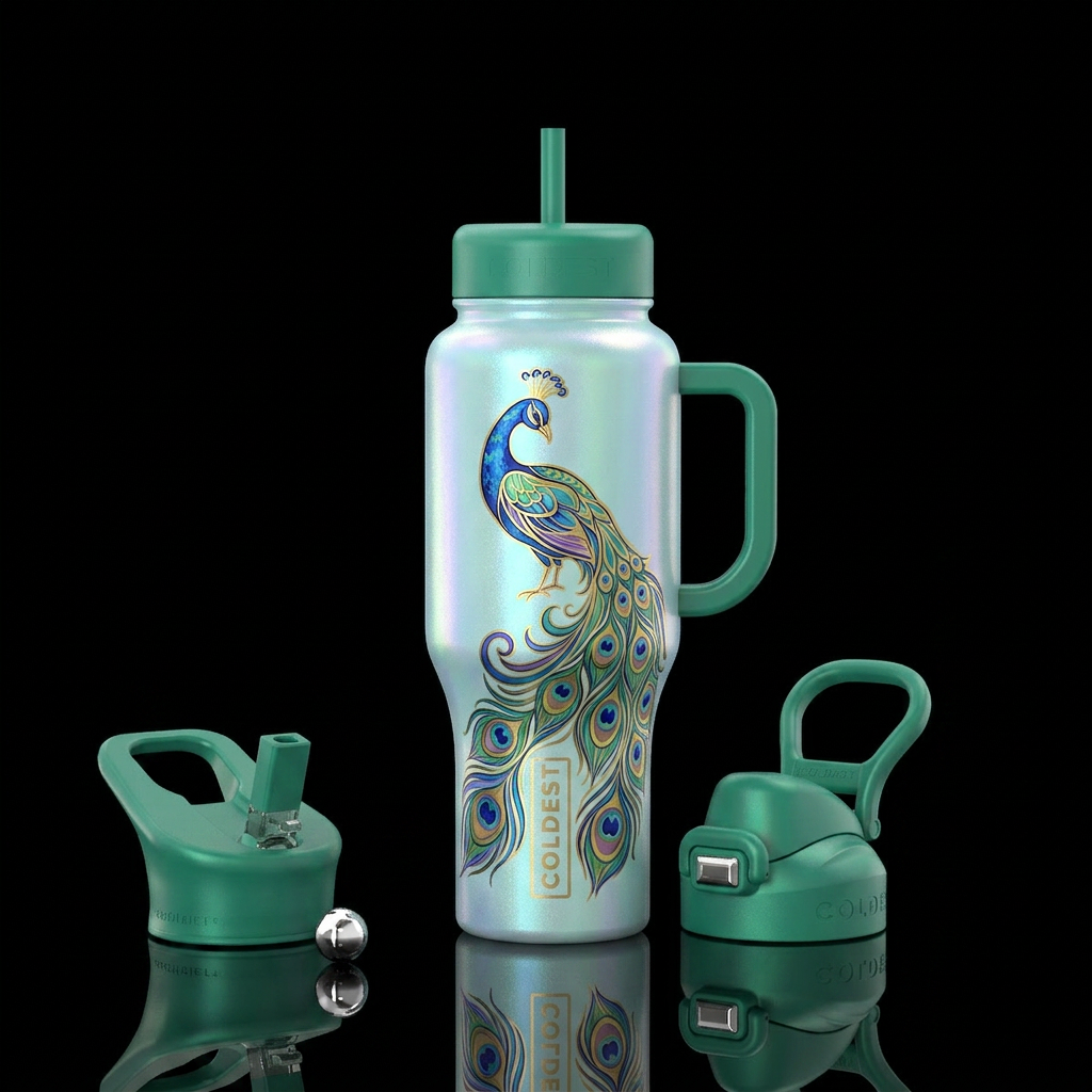 Opalescent pale teal tumbler with art nouveau peac... water bottle design