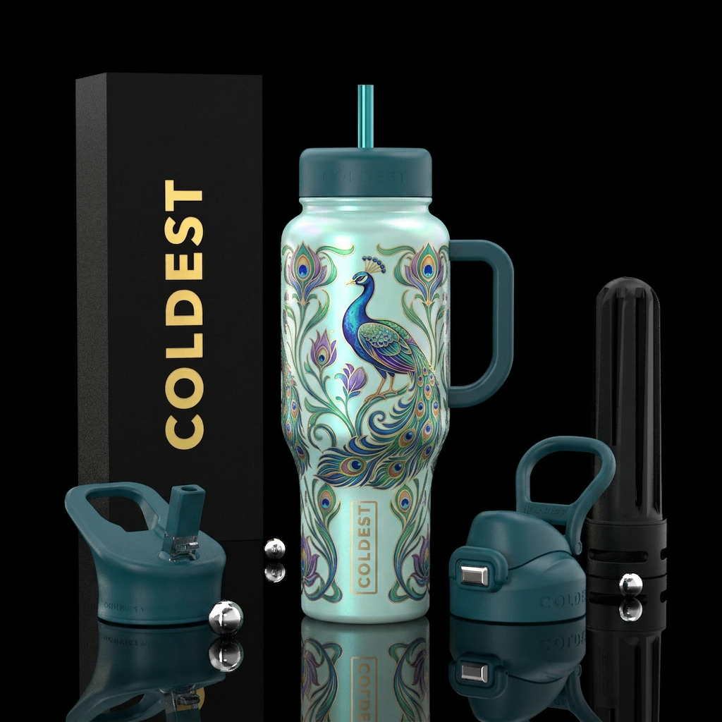 Opalescent pale teal tumbler with art nouveau peac... water bottle design