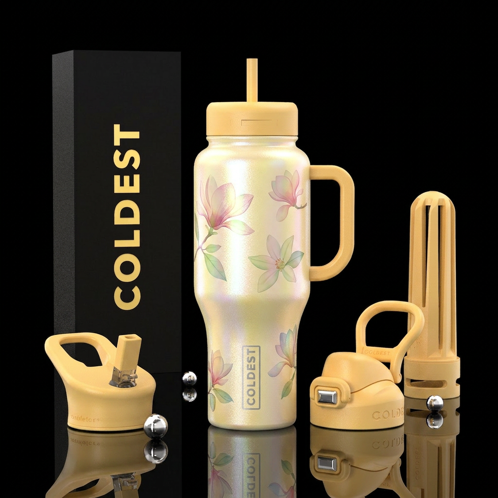 Opalescent pale yellow tumbler with translucent fl... water bottle design