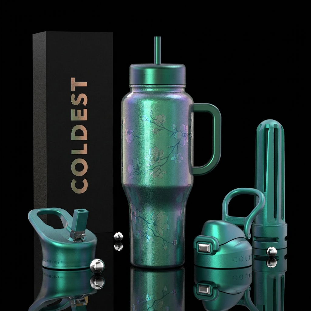 Opalescent emerald green tumbler with flower branc... water bottle design