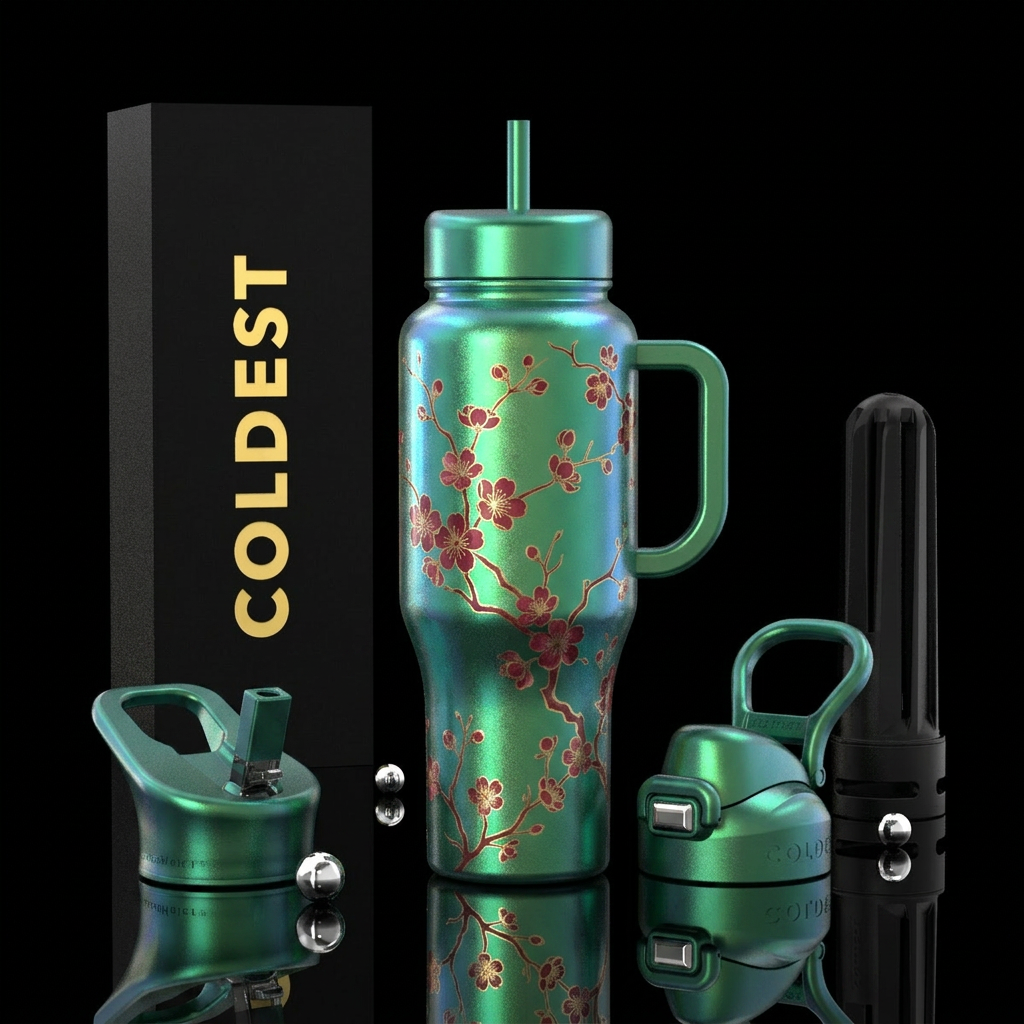 Opalescent emerald green tumbler with flower branc... water bottle design