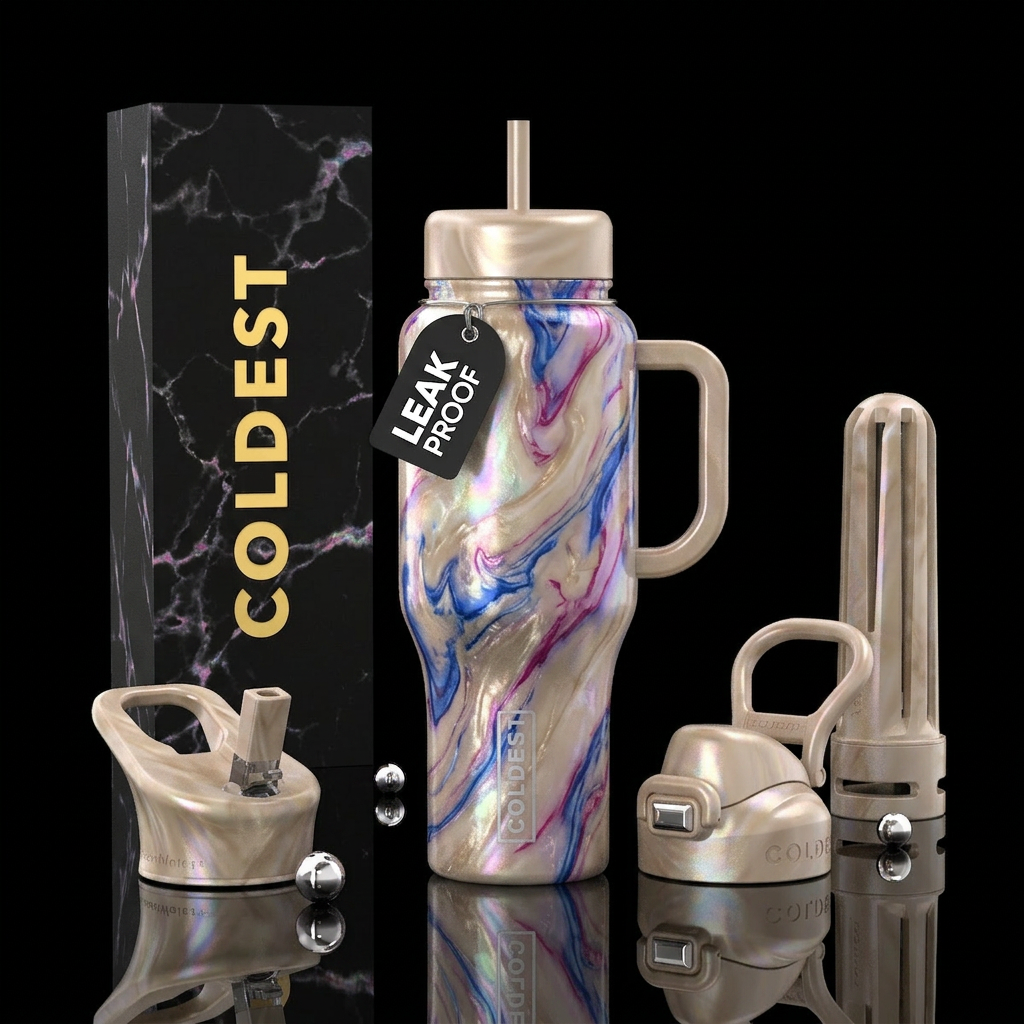 opalescent champagne, cobalt, magenta, marble effe... water bottle design