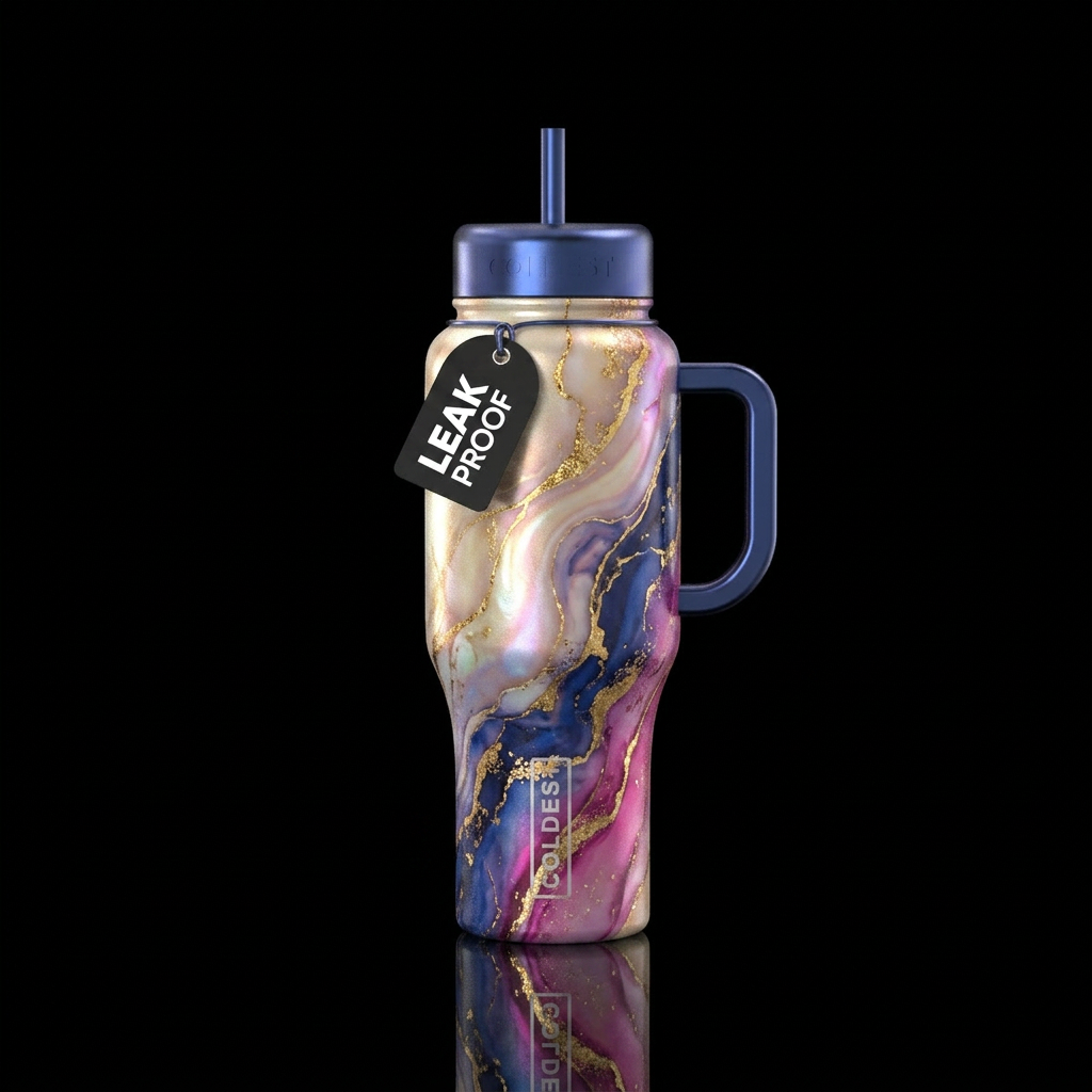 opalescent champagne, cobalt, magenta, sparkly mar... water bottle design