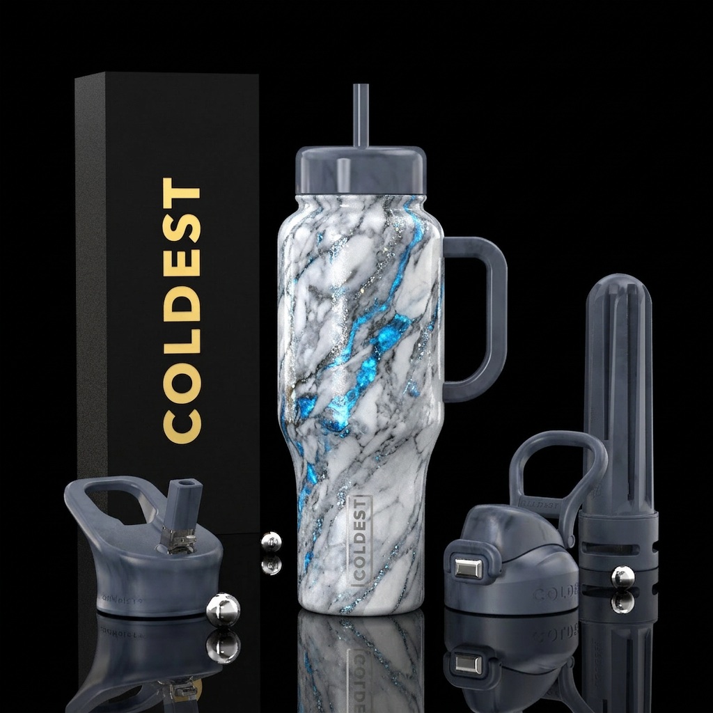 luxurious, sparkly, vibrant marble effect, white, ... water bottle design