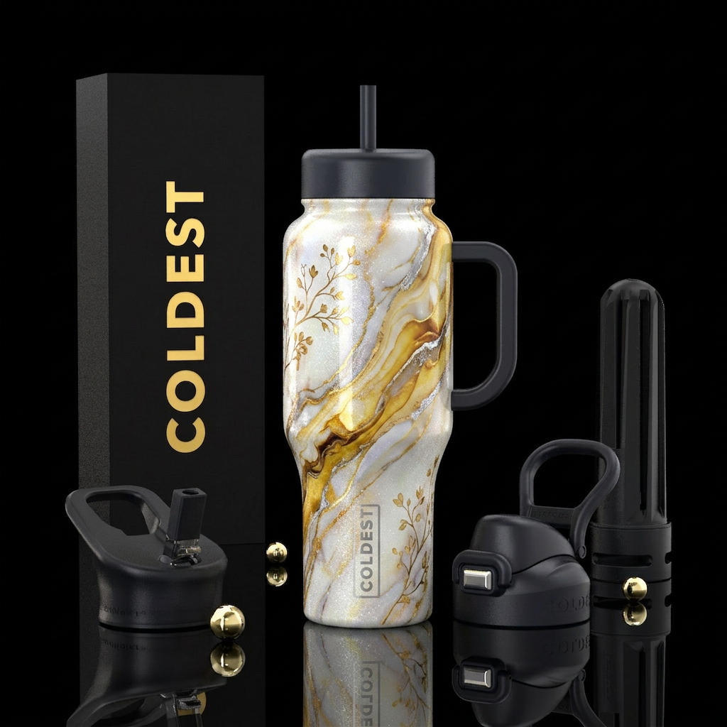 luxurious, opalescent white, sparkly, vibrant marb... water bottle design