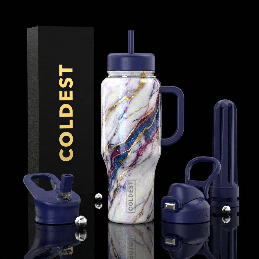 luxurious, opalescent white, cobalt, magenta, spar... water bottle design