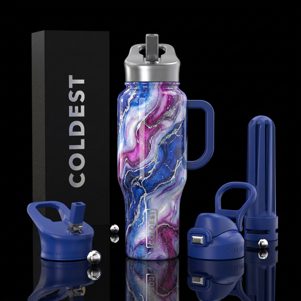 luxurious, cobalt, magenta, sparkly marble effect ... water bottle design