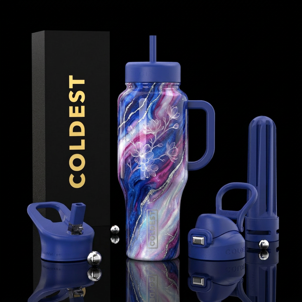 luxurious, cobalt, magenta, sparkly marble effect ... water bottle design