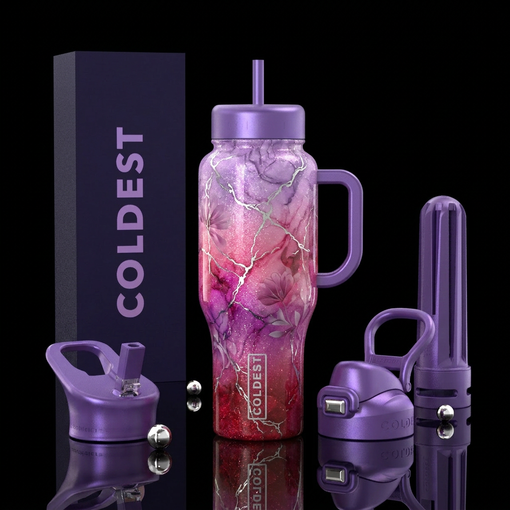 sparkly ombre, purple, lavender, cherry, pink, mar... water bottle design