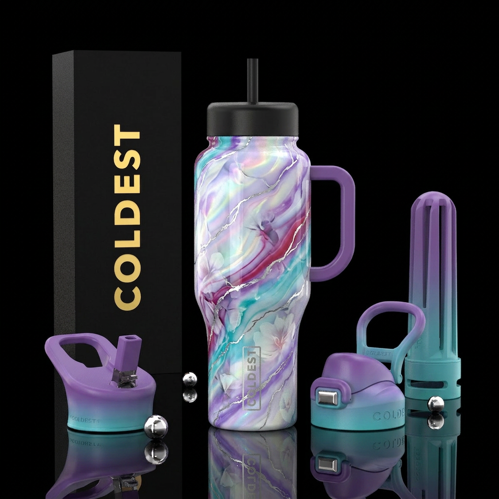 opalescent white, purple, cherry, turquoise, marbl... water bottle design