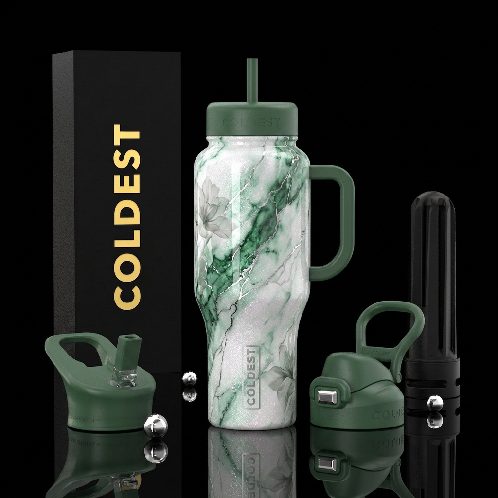 opalescent white, luxurious, sparkly, vibrant marb... water bottle design