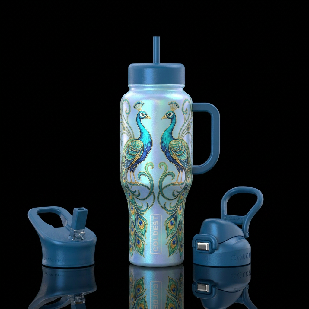 Opalescent pale blue tumbler with art nouveau peac... water bottle design