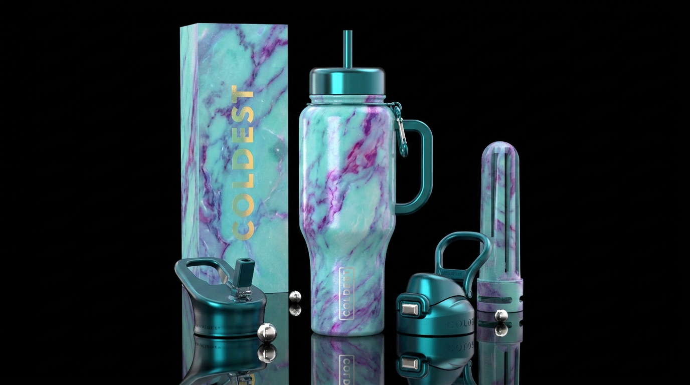 Opalescent teal, luxurious, vibrant marble effect,... water bottle design