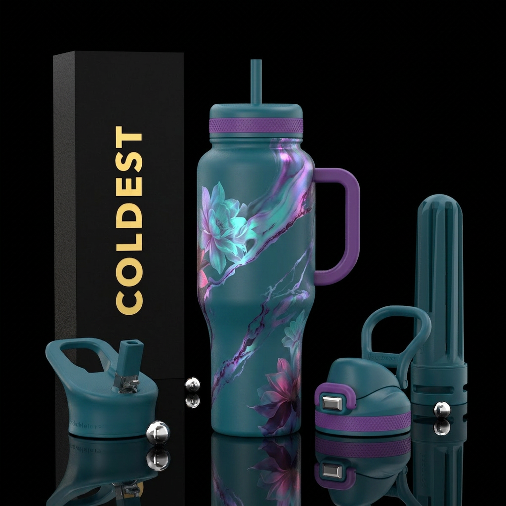 Opalescent teal, luxurious, vibrant marble effect,... water bottle design