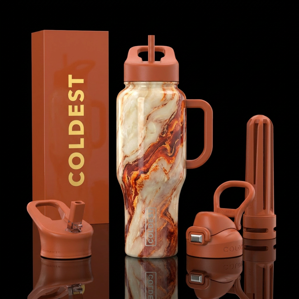 opalescent cream, opulent, marble effect, terracot... water bottle design