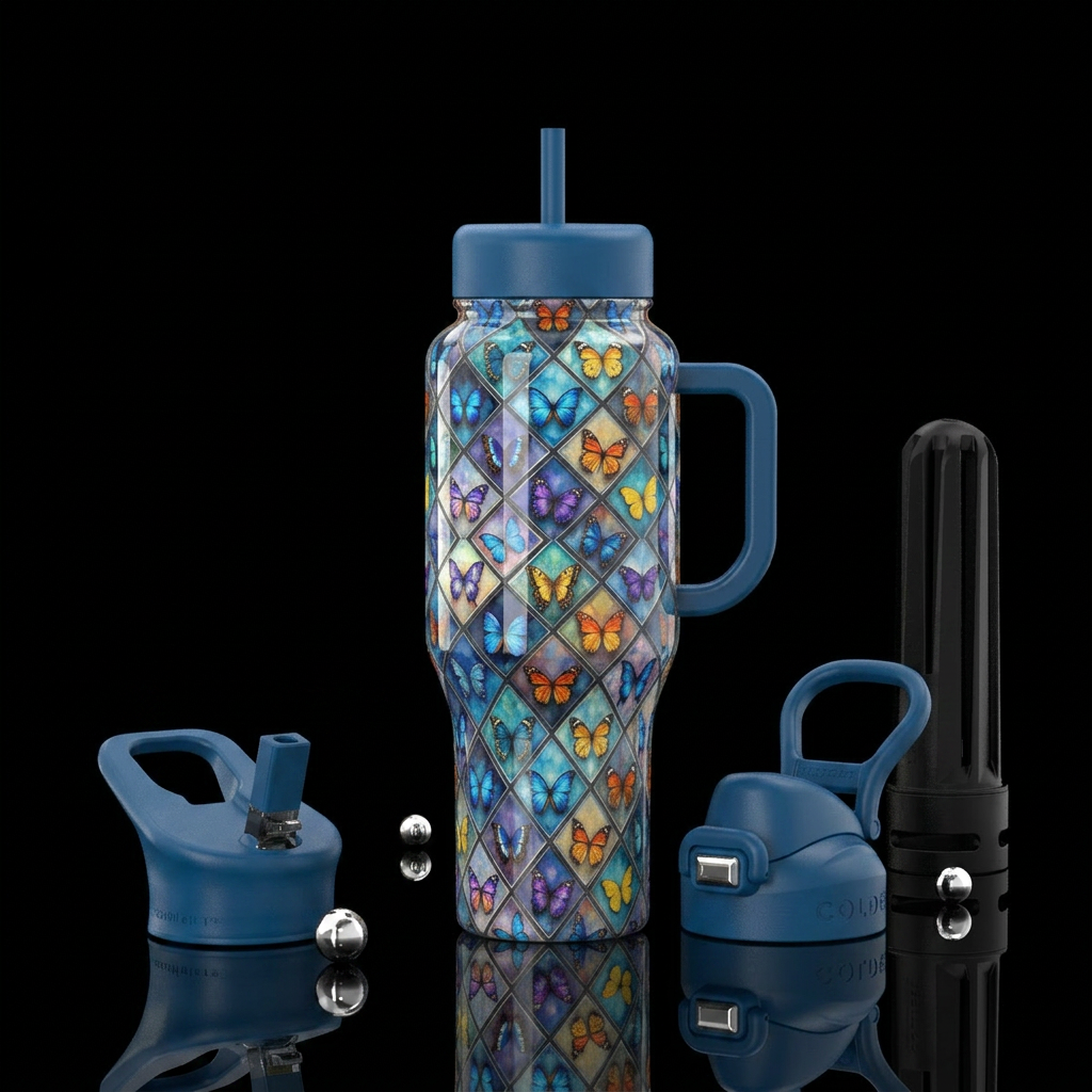 diamond tiled tumbler with realistic butterflies i... water bottle design