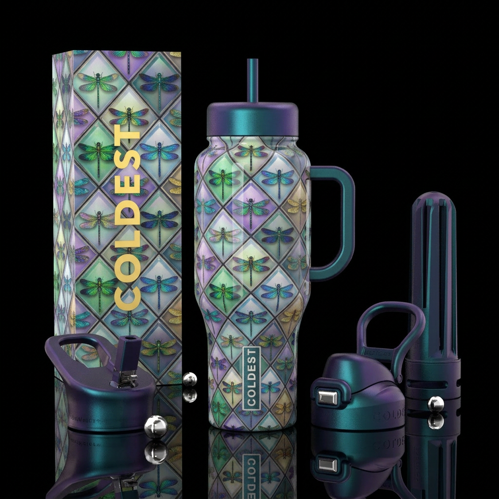 diamond tiled tumbler with realistic dragoflies in... water bottle design