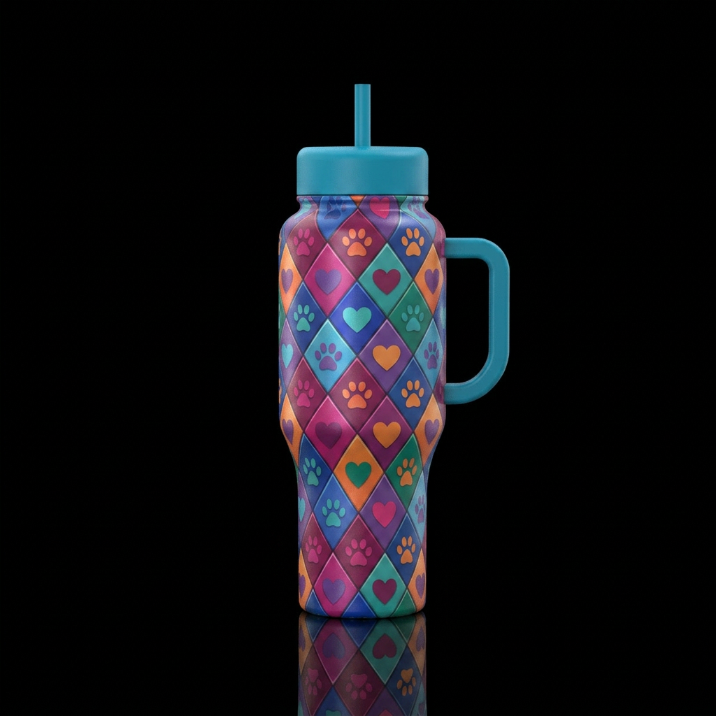 large diamond tiled tumbler with pawprints and hea... water bottle design