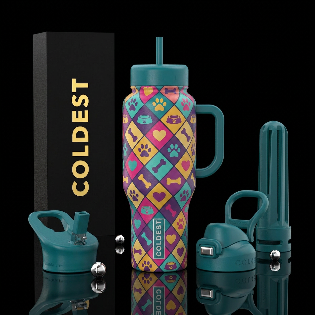 diamond tiled tumbler with pawprints, dog bowls, b... water bottle design