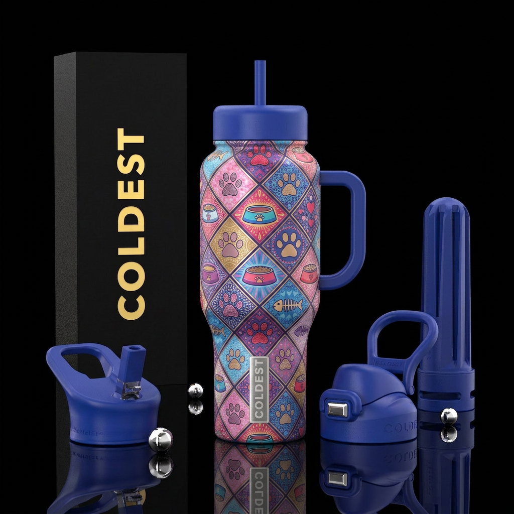 diamond tiled tumbler with cat pawprints, cat bowl... water bottle design