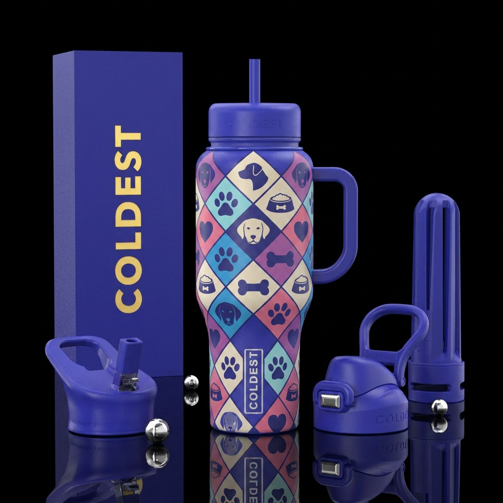 diamond tiled tumbler with dog heads, pawprints, d... water bottle design