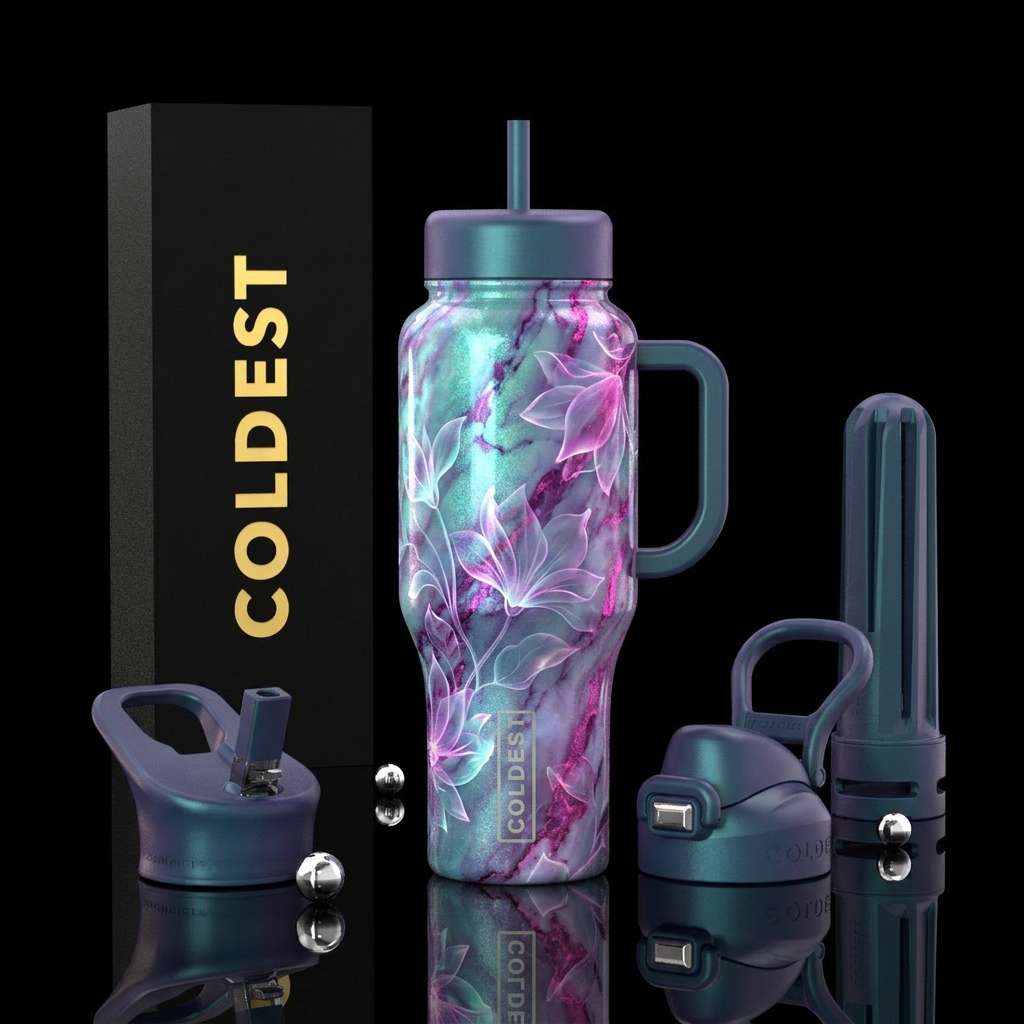 Opalescent teal, luxurious, vibrant marble effect,... water bottle design